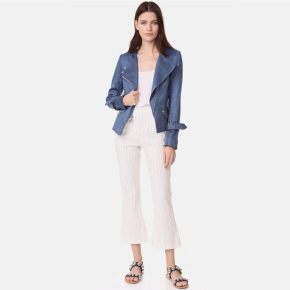 Veronica Beard Sienna Collarless Denim Moto Jacket 0 Linen Blend Jean Zip Up USA - Picture 3 of 15